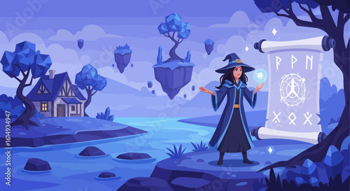 Enchantress Practicing Spells In Magical Fantasy Landscape Illustration