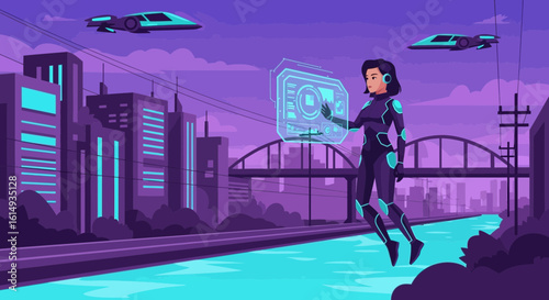 Futuristic Cityscape With Woman Using Augmented Reality Technology