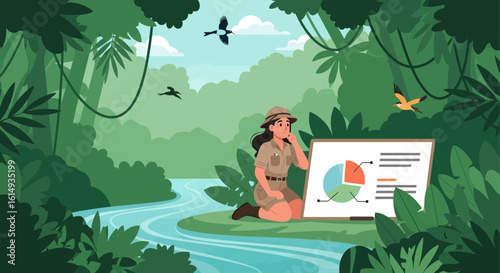 Biologist Researching Data In Jungle With Chart And Tropical Birds