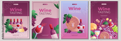 A set of design templates for wine tasting. Wine glass, bottle, grapes, corkscrew, cheese. The concept of a winery, restaurant. Isolated vector illustration of A4 format for posters, banners, posters.