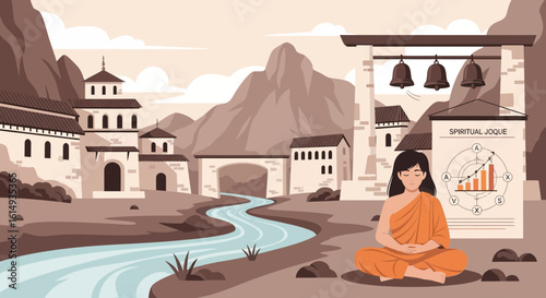 Monk Meditating At Spiritual Site With Architecture And Bell Sound