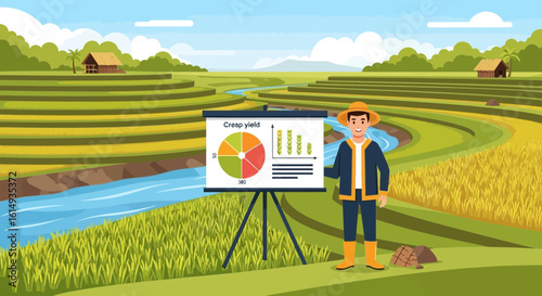 Agronomist Analyzing Crop Data On Terraced Rice Fields Report