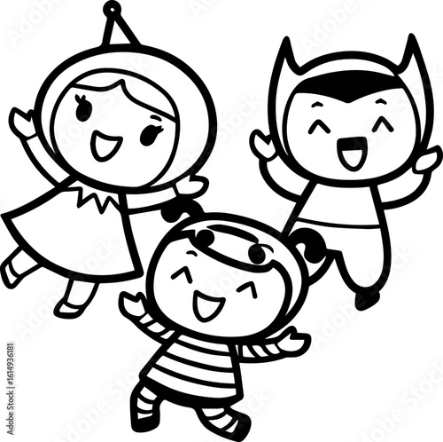 SVG vector illustration of cartoon Halloween decorations.Joyful Children in Costumes Celebrating with Happiness