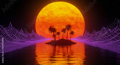 A retro-futuristic vision of a tropical island with palm trees under a massive glowing sun, flanked by purple neon wireframe mountains and sea.