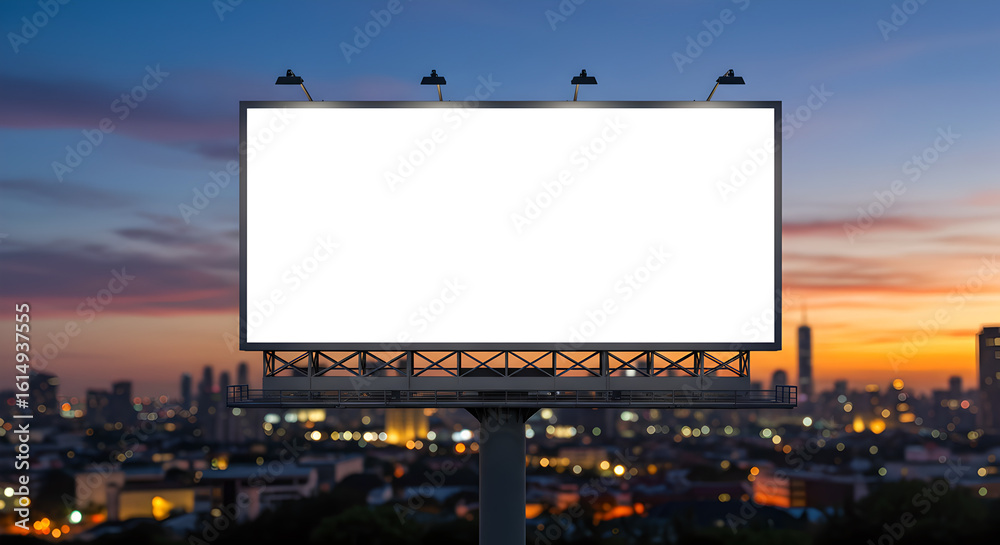 Fototapeta premium Mockup empty white advertising placed billboard in city evening. Outdoor advertisement template poster for urban commercial marketing campaigns. Selective focus