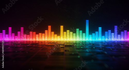 A vibrant digital audio equalizer with glowing rainbow colored bars representing sound waves and musical frequency on a dark background.