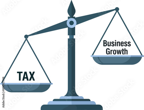Scales showing imbalance between tax and business growth, with business growth outweighing tax.