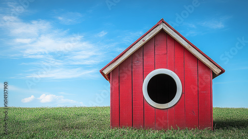 Red doghouse on grass with blue sky background