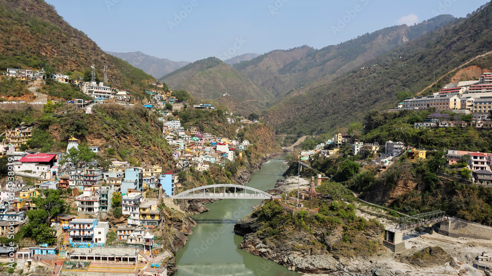 Naklejka premium Confluence of Alaknanda and Bhagirathi Rivers at Sangam Point, Devprayag, Tehri Garhwal, Chamoli, Uttarakhand, India.