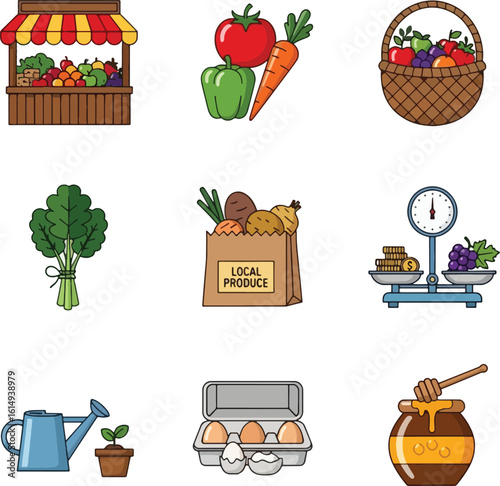 Vibrant farm fresh icons showcasing healthy produce, eggs, and honey delights