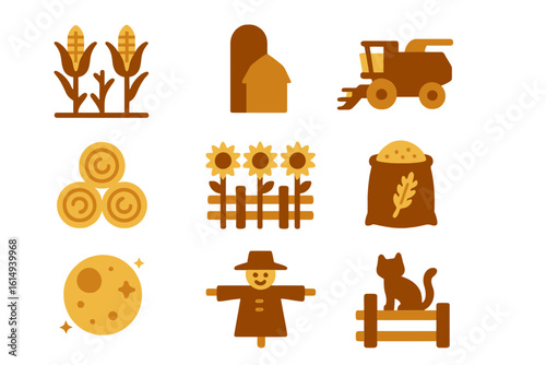 Glowing farm icons set featuring harvest, machinery, and animals in warm tones