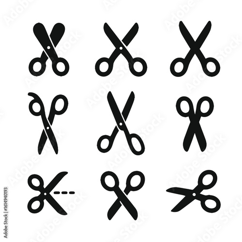 Silhouette scissors icons set with diverse shapes on dark background