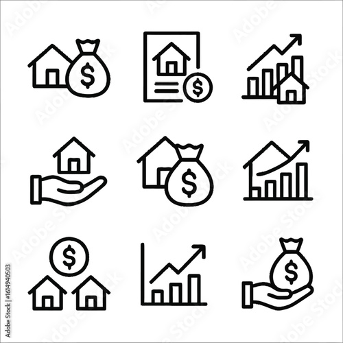 Real estate finance icons: money, growth, and investment concepts in linear style