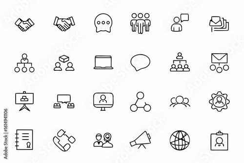 A communication-focused line art bundle centered on how organizations engage, consult, and collaborate with their stakeholders. Perfect for project management tools, CSR reports, and PR platforms