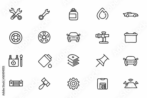 A clean set of icons focused on auto repair and diagnostics. Perfect for garages, service centers, mechanic apps, and roadside assistance tools