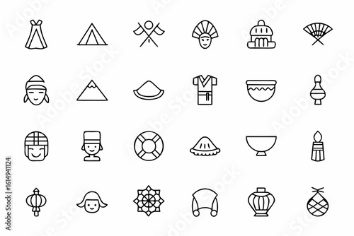 A culturally rich line icon bundle highlighting traditional wear and symbols of major world regions. Ideal for education, cultural events, travel blogs, and heritage branding