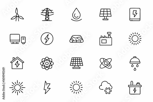 A technical yet accessible icon pack representing clean energy solutions driving net zero transitions. Ideal for smart grid startups, solar energy platforms, and eco-friendly engineering brands