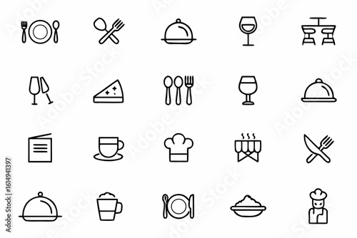 A versatile bundle of clean line icons covering classic restaurant tools and tableware. Perfect for menu designs, reservation apps, and dine-in service materials
