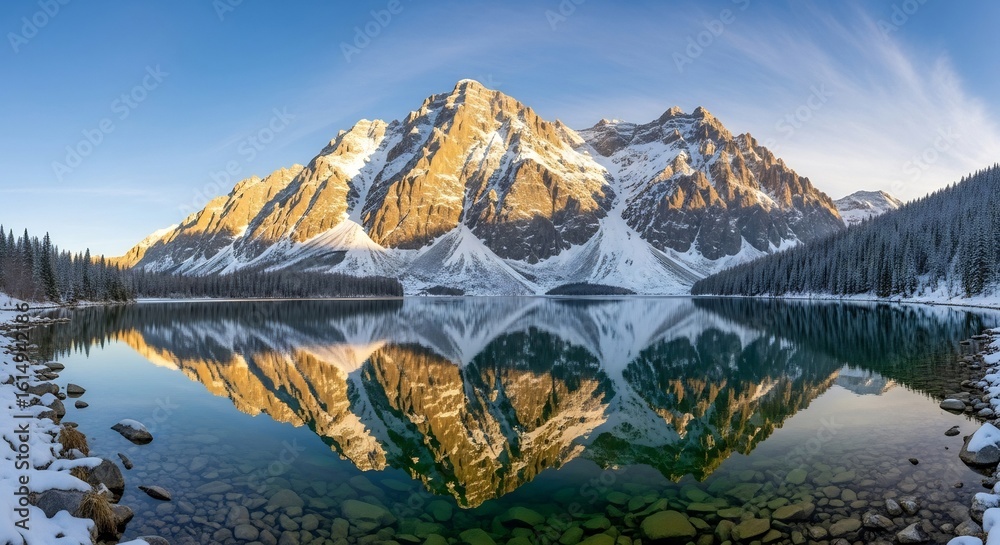 Fototapeta premium Mountain peak covered in snow reflected in a calm lake surrounded by trees on a clear day.