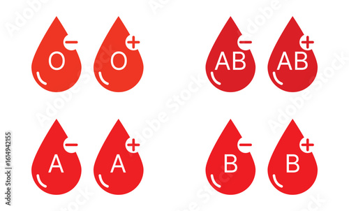 Blood Type Icon Set. Blood Group Symbols with Letters Inside Drop Shapes on White Background