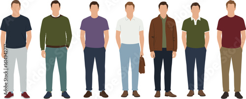 Casual men fashion, trendy clothing, everyday wear, modern outfits, stylish man wardrobe, flat vector male clothing, fashion illustration, versatile menswear collection, different looks