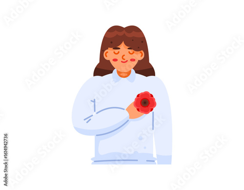 Remembrance Day. Remembering the soldiers and civilians who died in war. Honoring the warriors. Illustration of a woman closing her eyes and holding her chest with poppies. Flat style character