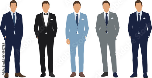 Businessmen in formal suits, professional male fashion, elegant office attire, classic businesswear set, stylish executive look, modern men wardrobe, flat vector design illustration