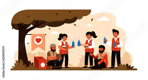 Volunteers Distributing Food and Water to People in Need Illustration