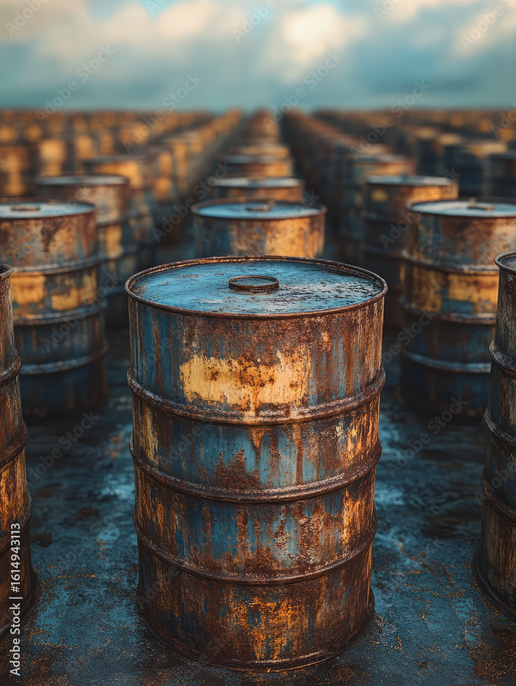 Rusty metal barrels lined up outdoors under a cloudy sky. Rusty metal barrels lined up outdoors under a cloudy sky.