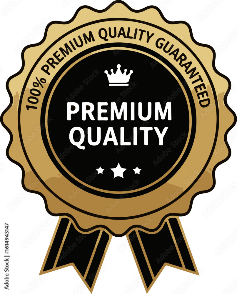 100% Premium Quality Guaranteed Seal | Gold and Black Badge with Crown and Ribbons for Product Certification, Assurance and Advertising 100% Premium Quality Guaranteed Seal | Gold and Black Badge with Crown and Ribbons for Product Certification, Assurance and Advertising