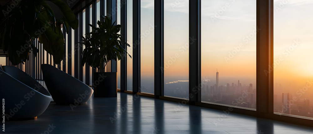 Fototapeta premium High-rise lounge with panoramic city views at sunset
