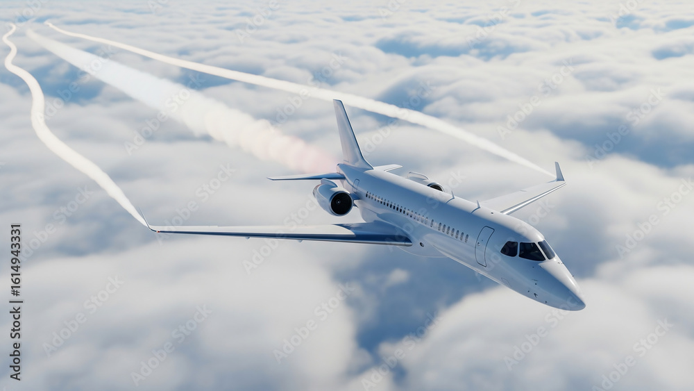 Obraz premium Airplane flying above clouds with vapor trail. Clean concept for sky logistics.