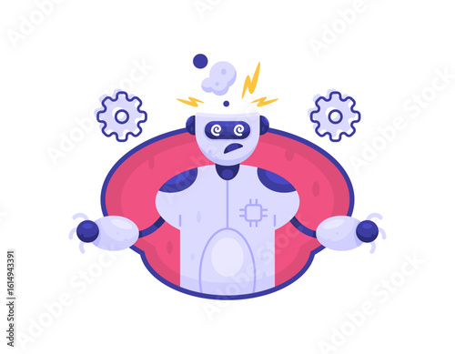 An illustration of a robot that appears to be short-circuiting. Artificial intelligence error. An AI assistant robot that is damaged due to overwork. Technology problems. Flat style characters