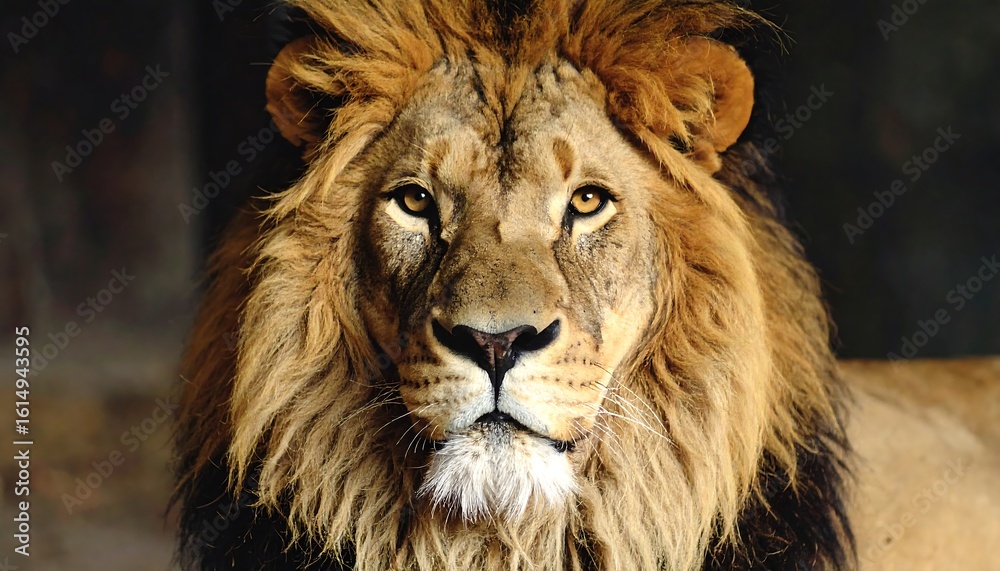 Fototapeta premium Close-up portrait of a majestic male lion, its amber eyes intense, mane full and tawny