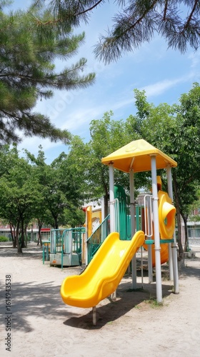 Wallpaper Mural Children playing on colorful playground equipment urban park outdoor fun sunny day wide angle childhood joy Torontodigital.ca