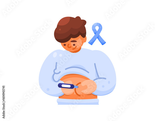An illustration of a man injecting insulin into his stomach. Treatment for diabetes. Injections. Treatment and health. Blue ribbon of diabetes awareness. Flat style characters