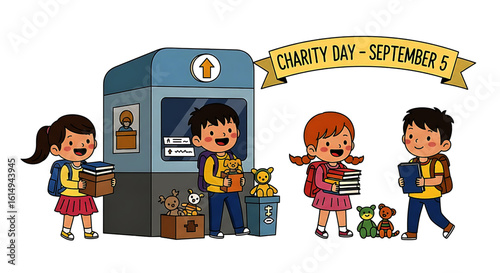 Cheerful Children Donating Books and Toys for Charity Day Celebration.