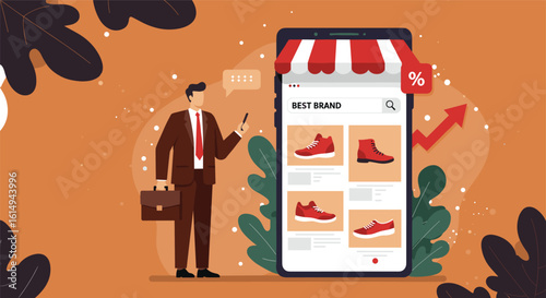 Businessman online shopping shoes, e-commerce mobile app, digital marketing concept, shoe store website, online store platform, retail business growth, shopping app interface, product showcase.