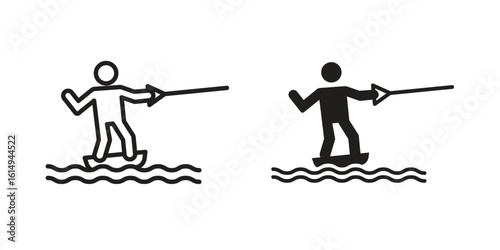 Wakeboarding icon set, line and black glyph style for food app website.