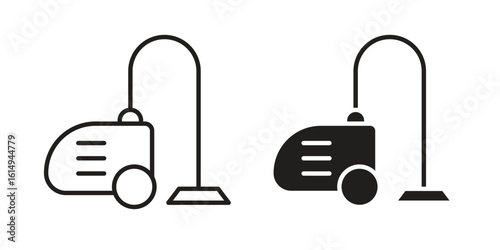Vacuum cleaner icon set, line and black glyph style for food app website.