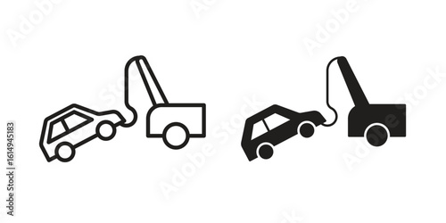 Towed car icon set, line and black glyph style for food app website.
