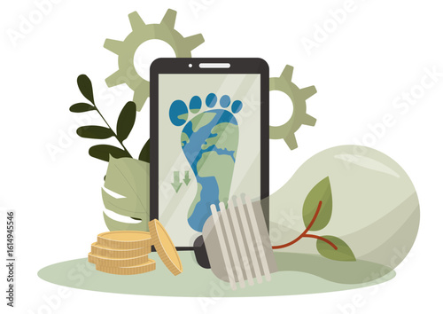 Smartphone displaying Earth footprint with gears and coins isolated on transparent background. Global environmental impact and sustainable technology solutions. Net zero concept. Vector illustration