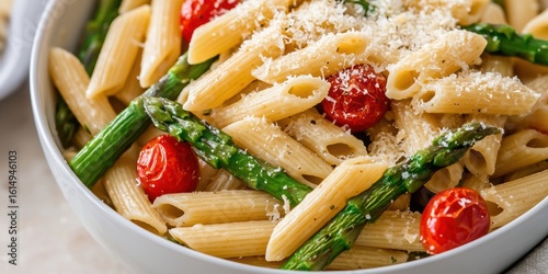 A bowl of penne pasta with roasted cherry tomatoes, asparagus, and grated cheese.