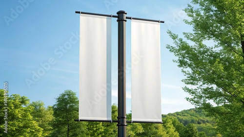 Blank white banners hanging from a lamppost with green trees and blue sky