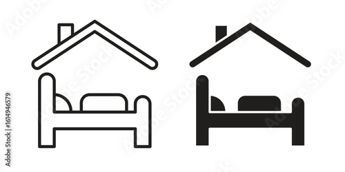Shelter beds icon set, line and black glyph style for food app website.