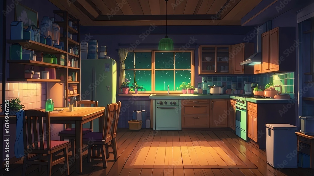 ゲーム背景 夜とキッチンがある居間の風景 ゲーム背景 夜とキッチンがある居間の風景