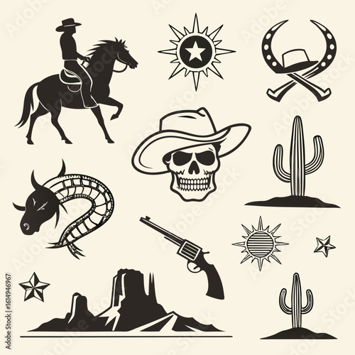 Cowboy on horse skull cactus pistol horseshoe sun star desert landscape vector elements riding silhouette