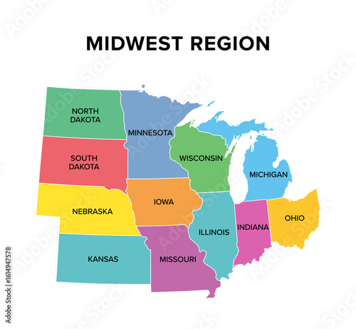 Midwest region of the United States, multi colored map. Also known as Midwestern United States, the Heartland or the American Midwest. Geographic region of the USA, consisting of 12 contiguous states.