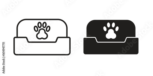 Pet bed icon set, line and black glyph style for food app website.