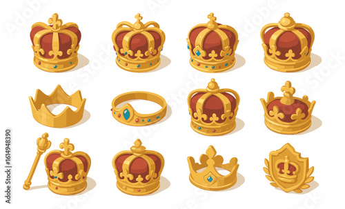 Set of ornate royal crowns and regal accessories in isometric style